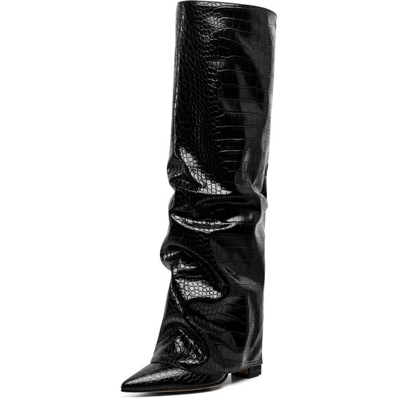 Women's Faux Leather Knee High Boots Wide Calf Chunky Heel Fall Winter - Picture 7 of 8